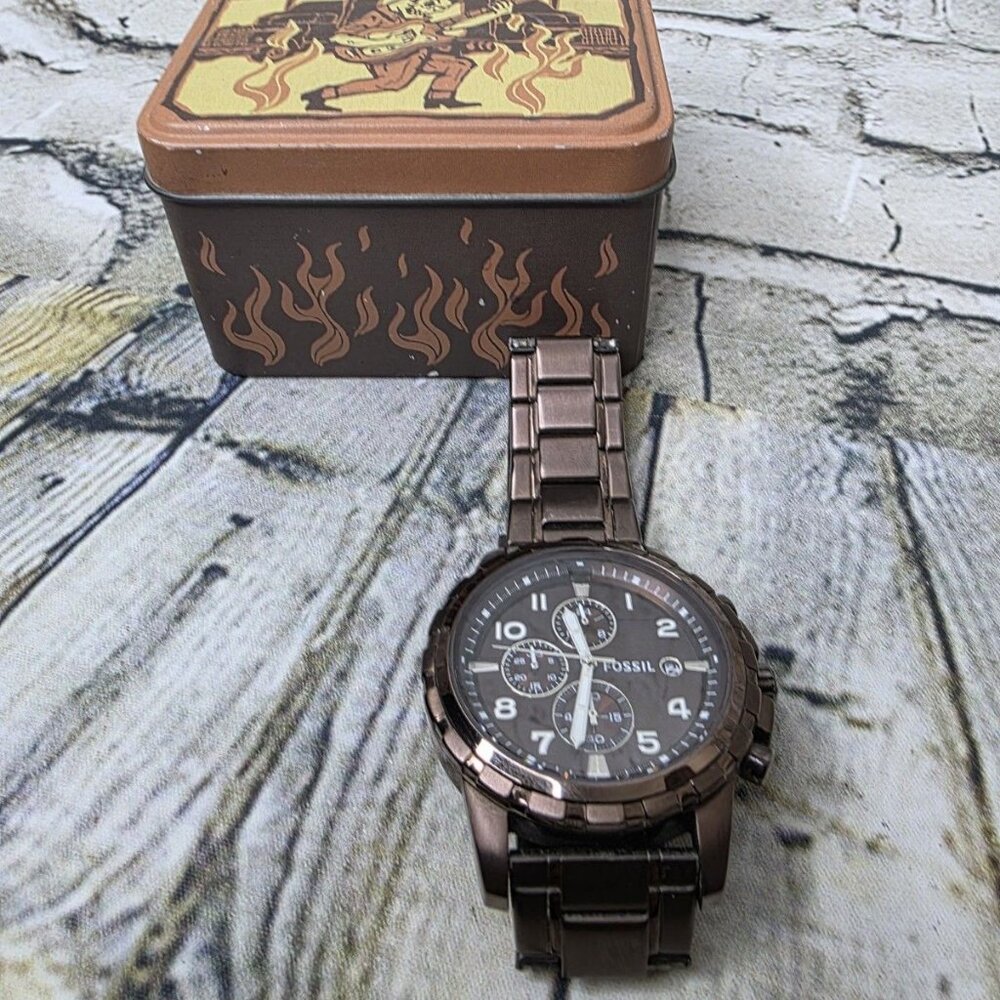 Fossil Mens Retro Watch FS4645 Bronze Stainless Steel Works Needs Battery w Box